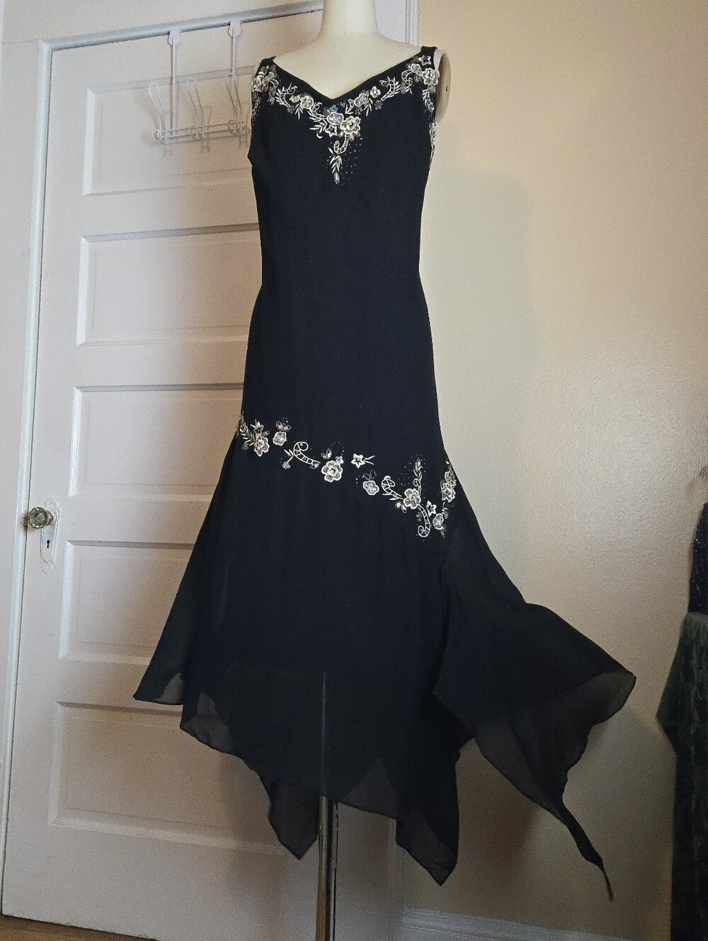 Dressbarn black 100% silk chiffon asymmetrical beaded embroidered dress | Y2K